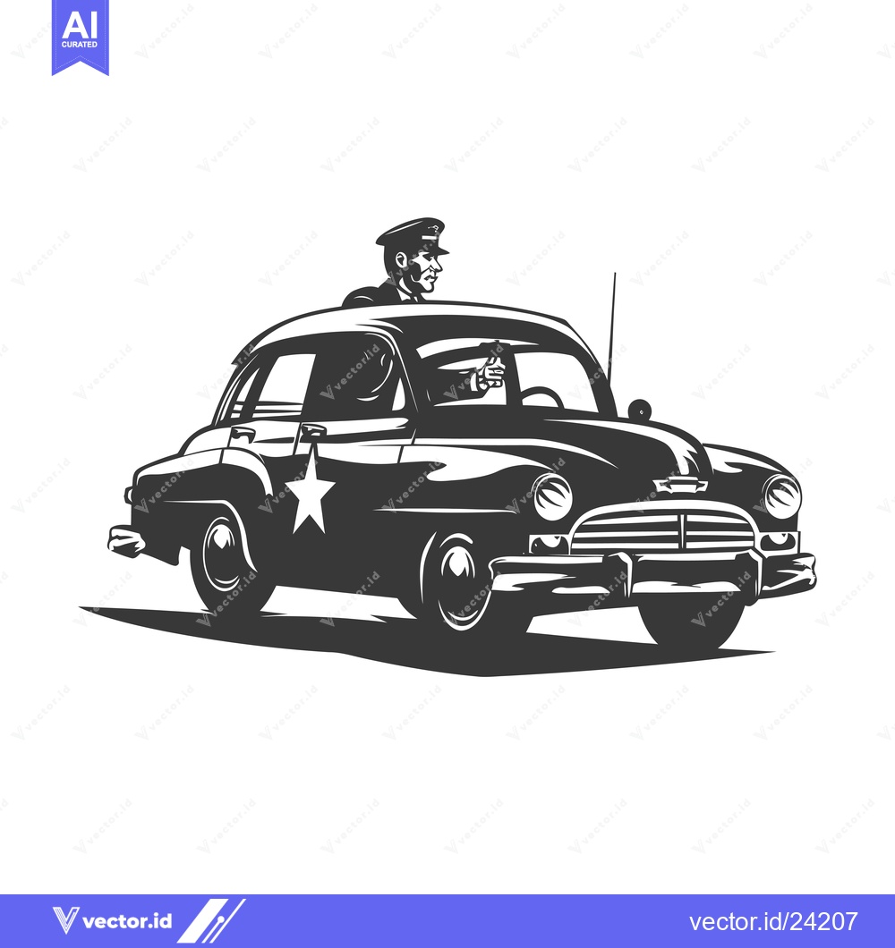 Premium Vector dari Black and White Illustration of a Police Officer in a Vintage Car