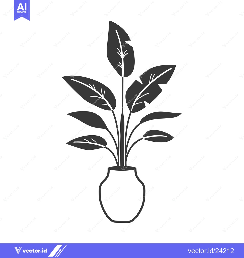 Premium Vector dari Black and white illustration of a potted plant with leaves