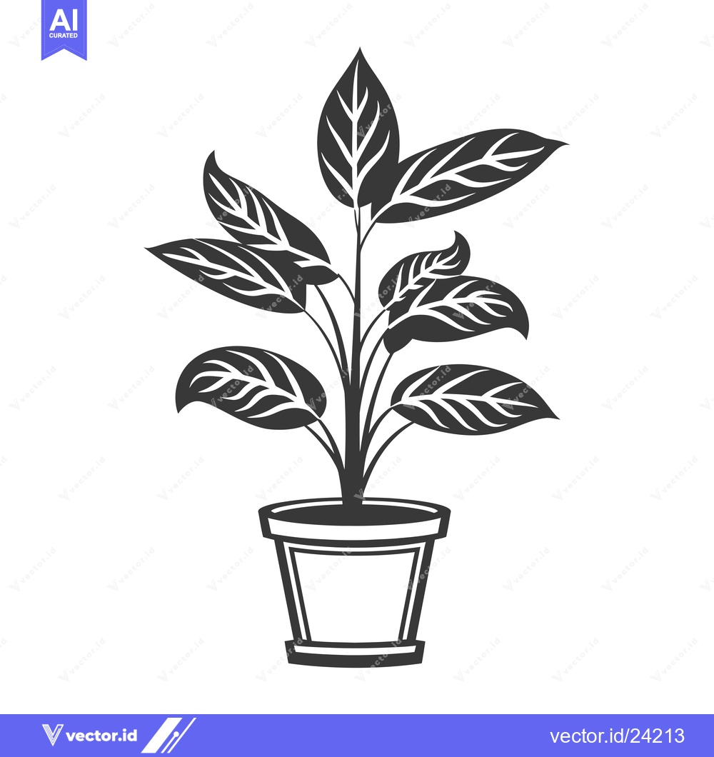 Premium Vector dari Black and White Illustration of a Potted Plant with Veined Leaves