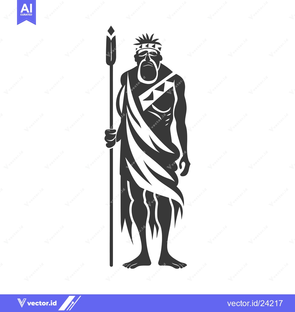 Premium Vector of Black and White Illustration of a Primitive Man Holding a Spear