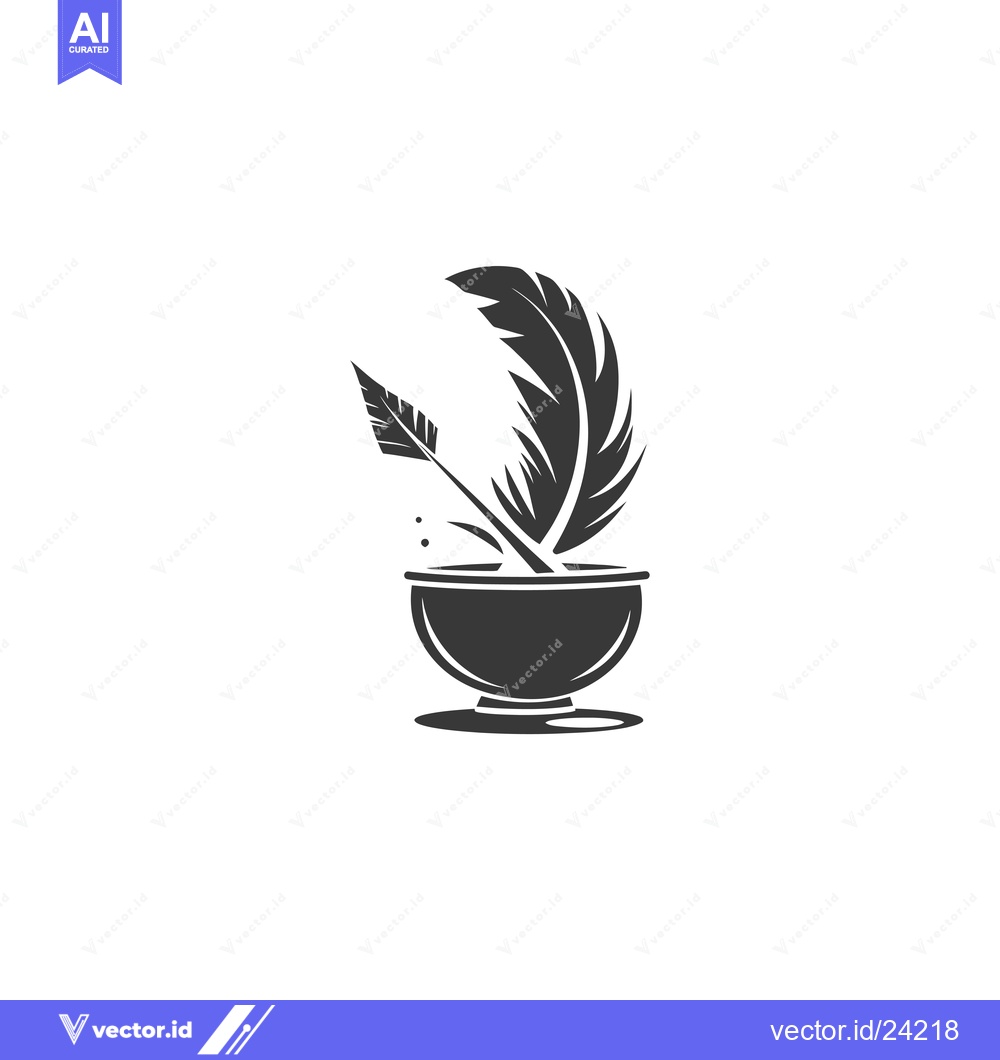 Premium Vector of Black and white illustration of a quill pen in a bowl