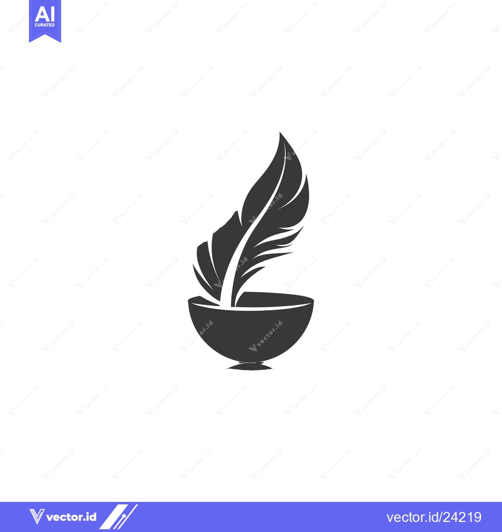 Premium Vector of Black and White Illustration of a Quill Pen in a Bowl