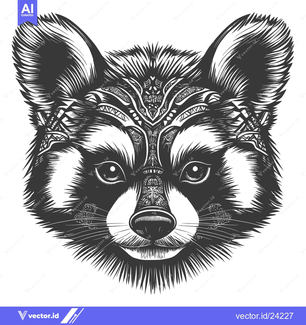 Premium Vector of Black and White Illustration of a Raccoon's Face with Ornate Patterns
