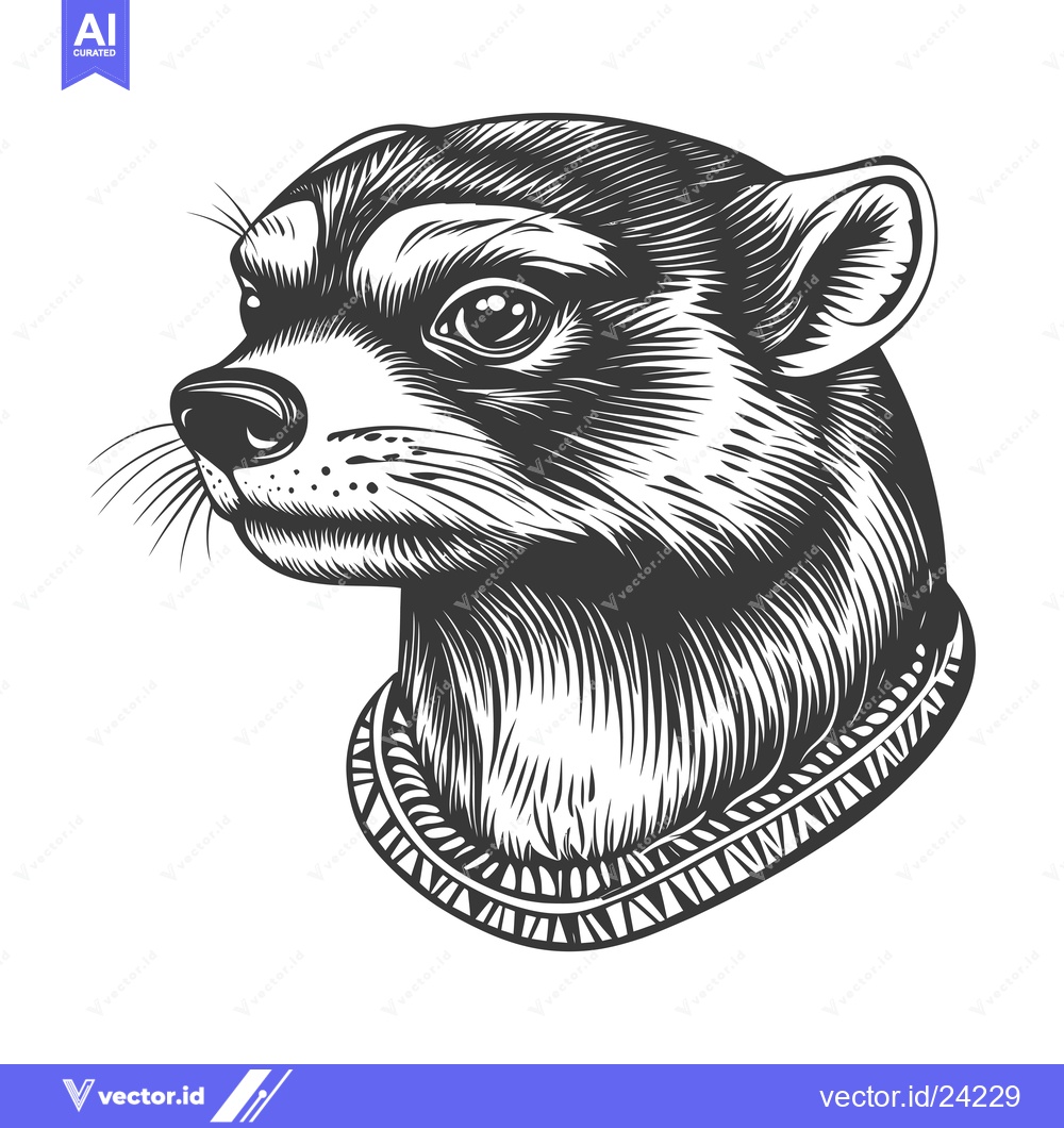 Premium Vector dari Black and White Illustration of a Raccoon's Head with a Collar
