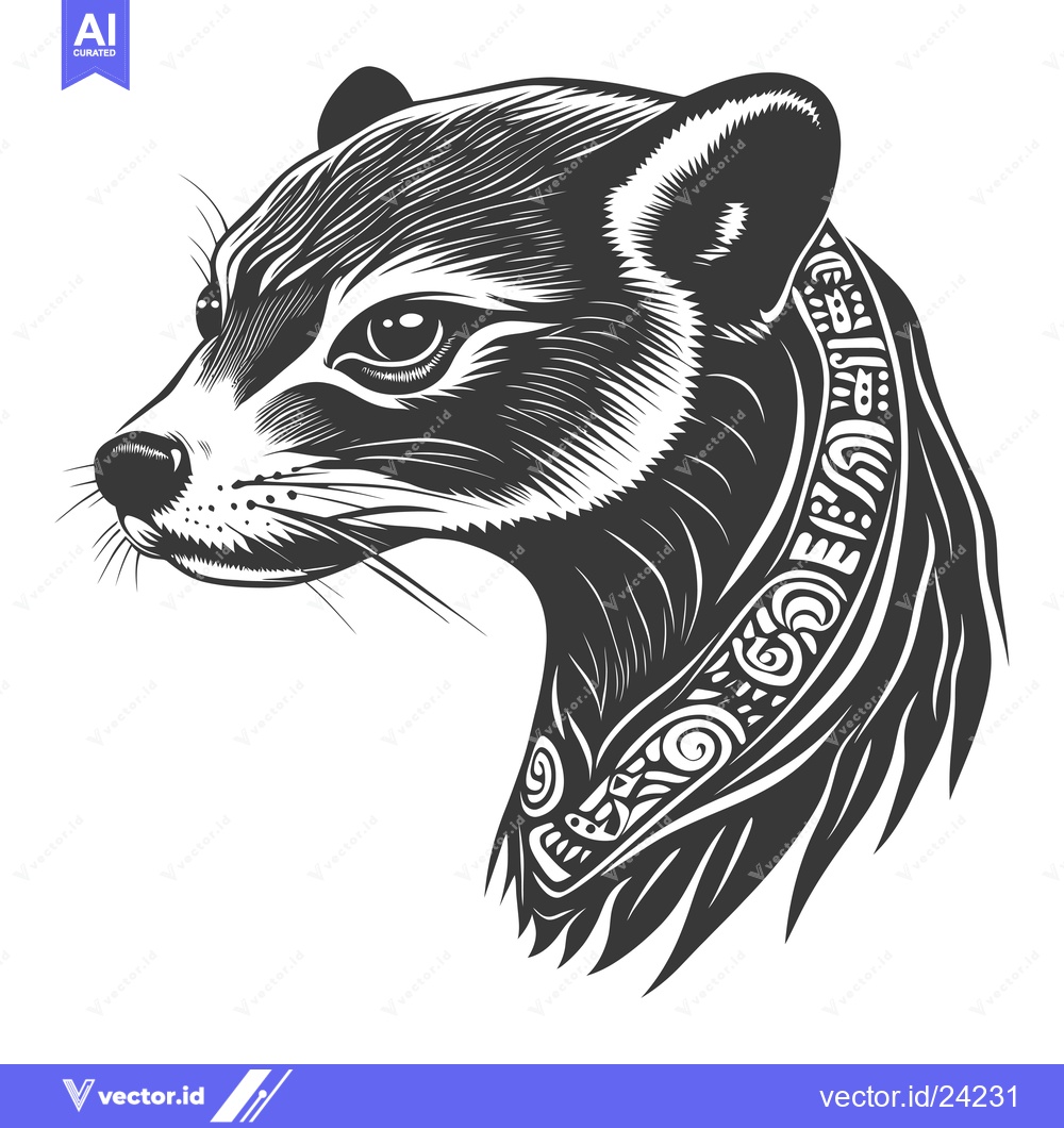 Premium Vector dari Black and White Illustration of a Raccoon's Head with Tribal Design