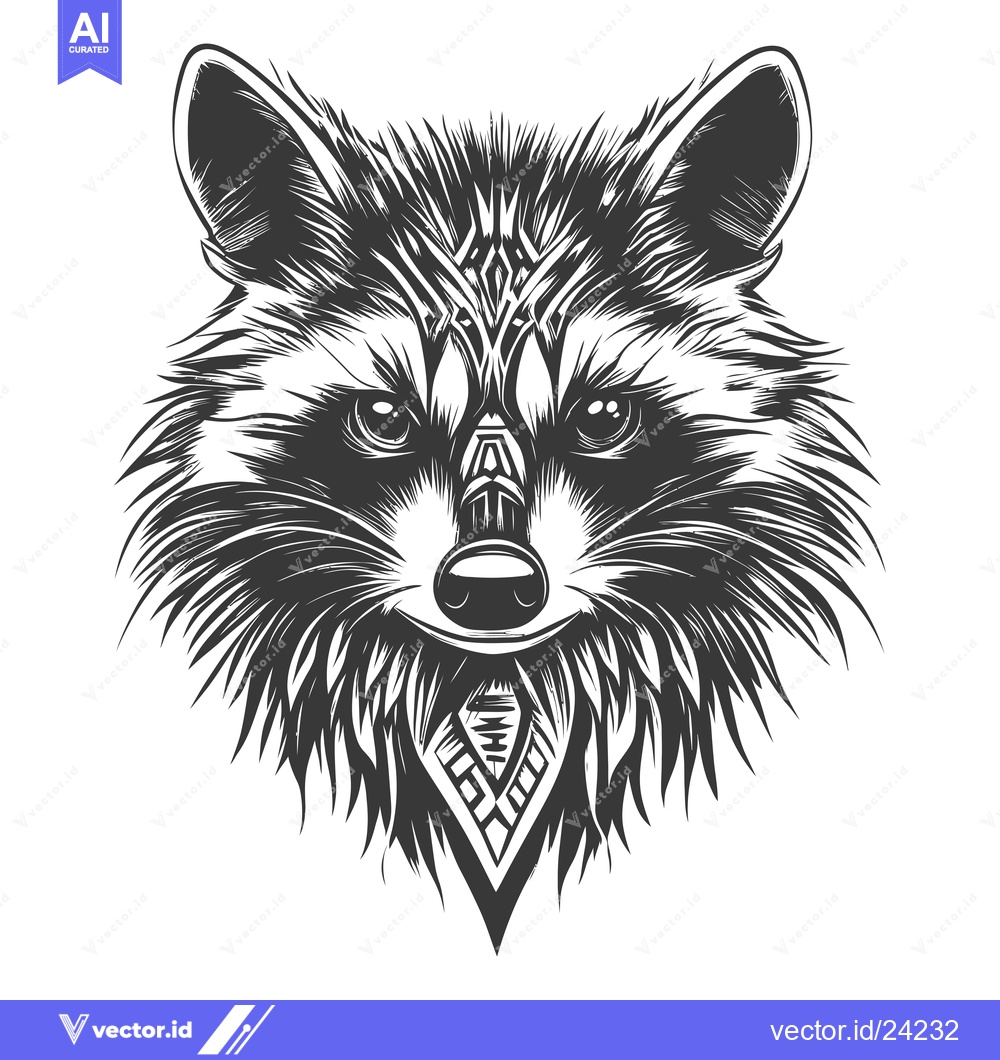 Premium Vector dari Black and White Illustration of a Raccoon's Head with Tribal Design