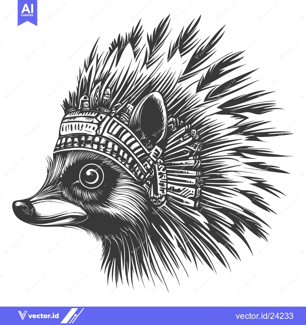 Premium Vector dari Black and White Illustration of a Raccoon Wearing a Headdress
