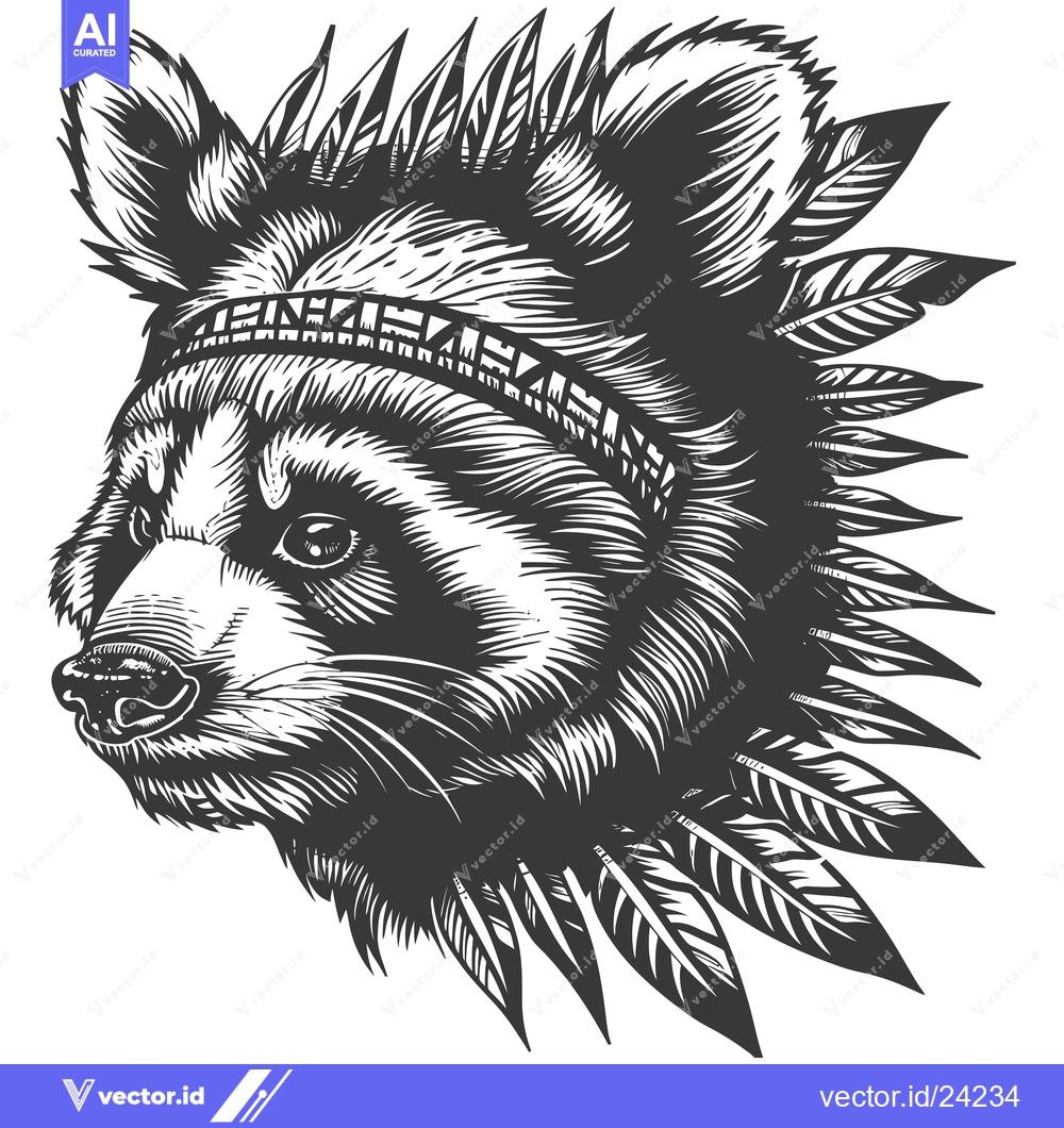 Premium Vector dari Black and White Illustration of a Raccoon Wearing a Headdress