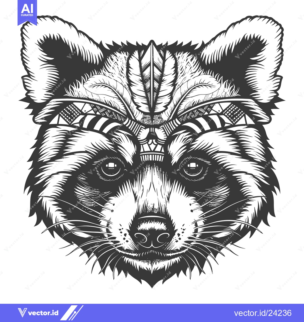 Premium Vector dari Black and White Illustration of a Raccoon with Tribal Designs