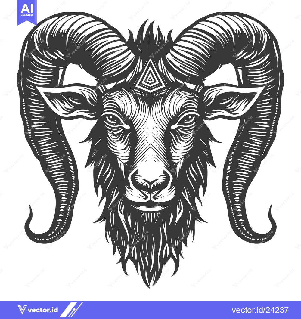 Premium Vector of Black and White Illustration of a Ram Head with Curved Horns
