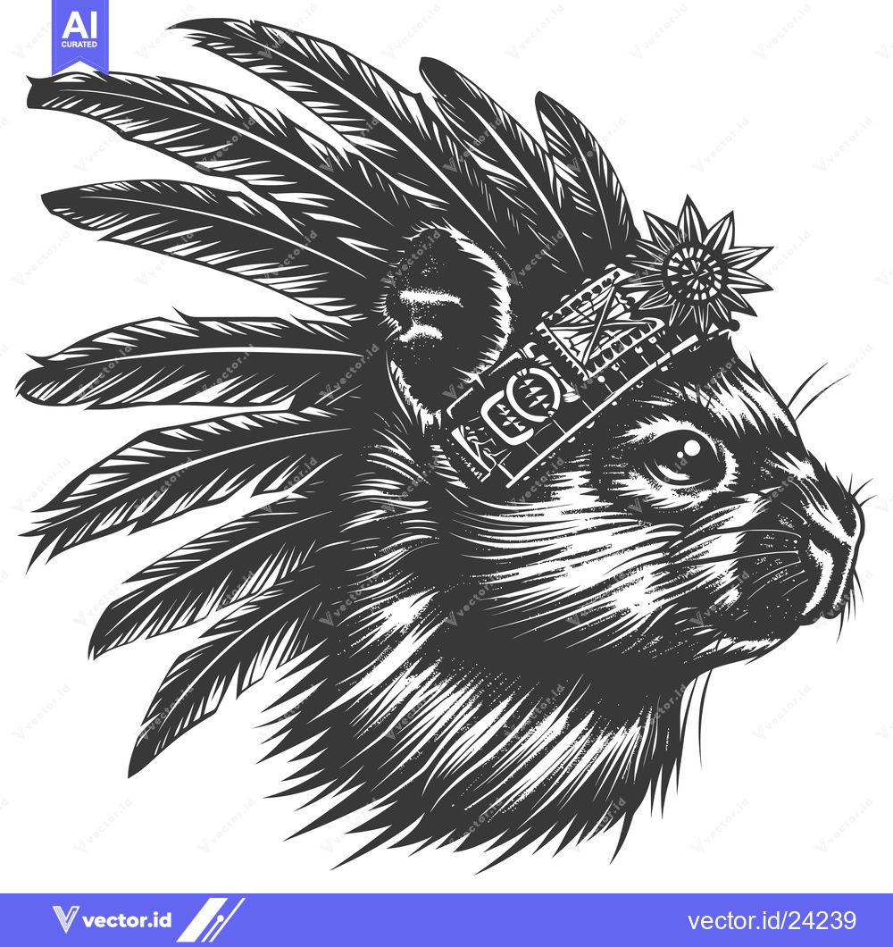 Premium Vector of Black and White Illustration of a Rat Wearing a Feather Headdress