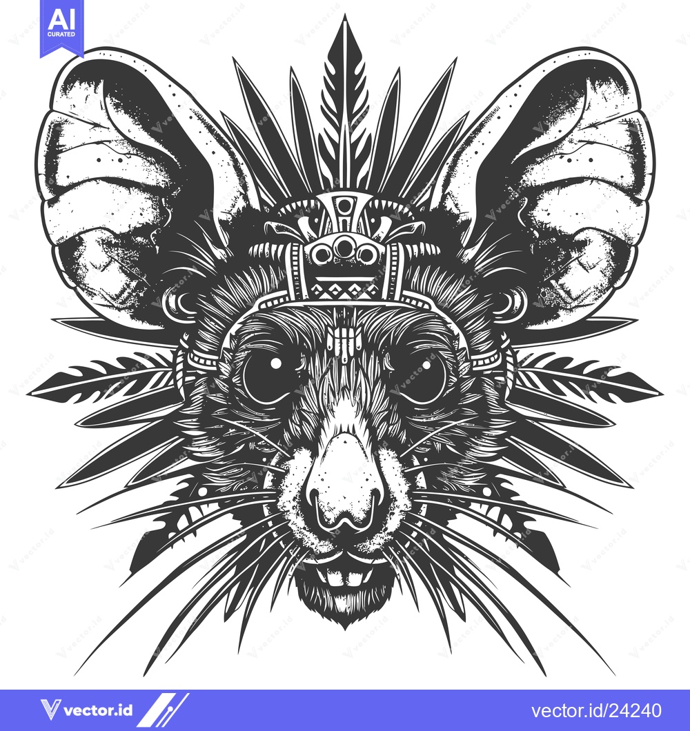 Premium Vector dari Black and White Illustration of a Rat Wearing a Native American Headdr