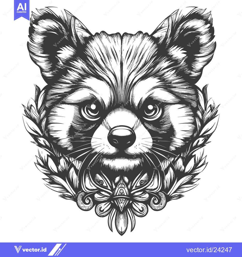 Premium Vector of Black and White Illustration of a Red Panda with Floral Design