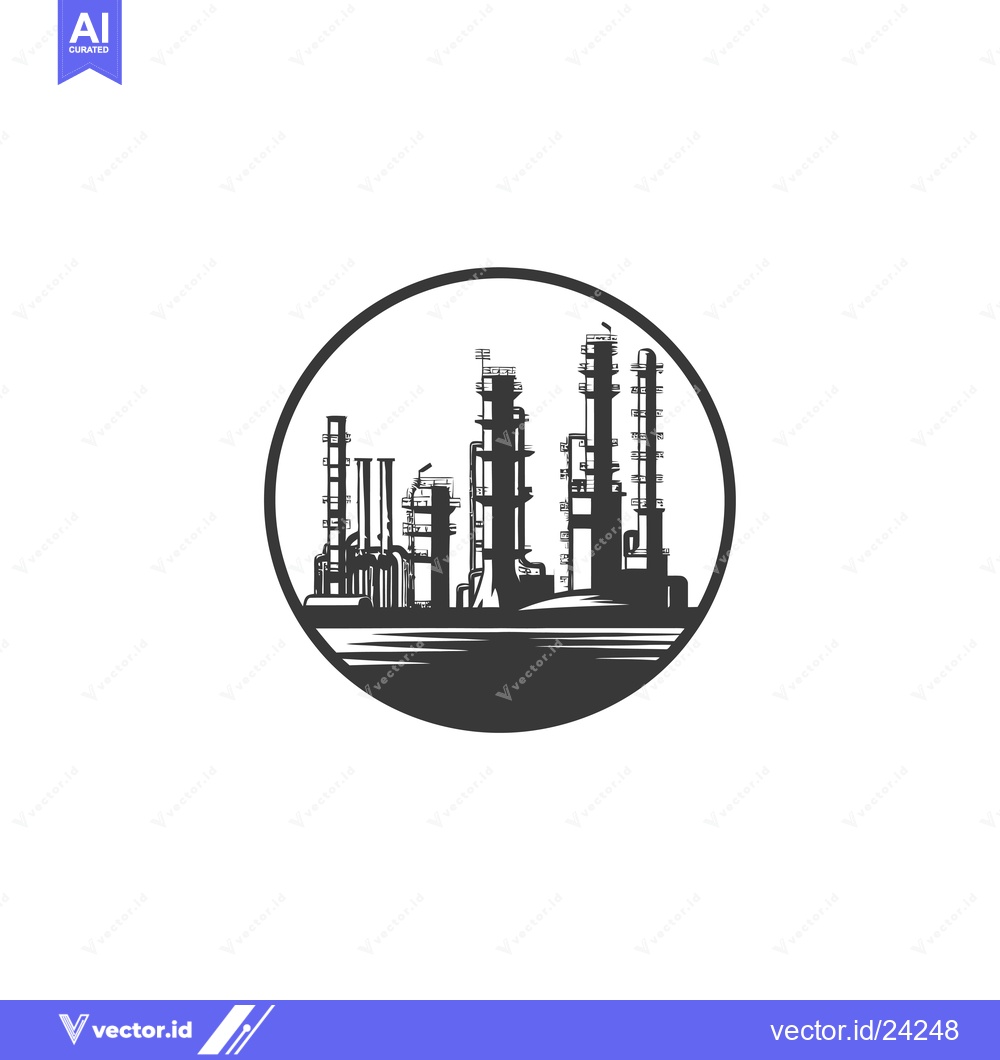 Premium Vector of Black and White Illustration of a Refinery with Tall Towers