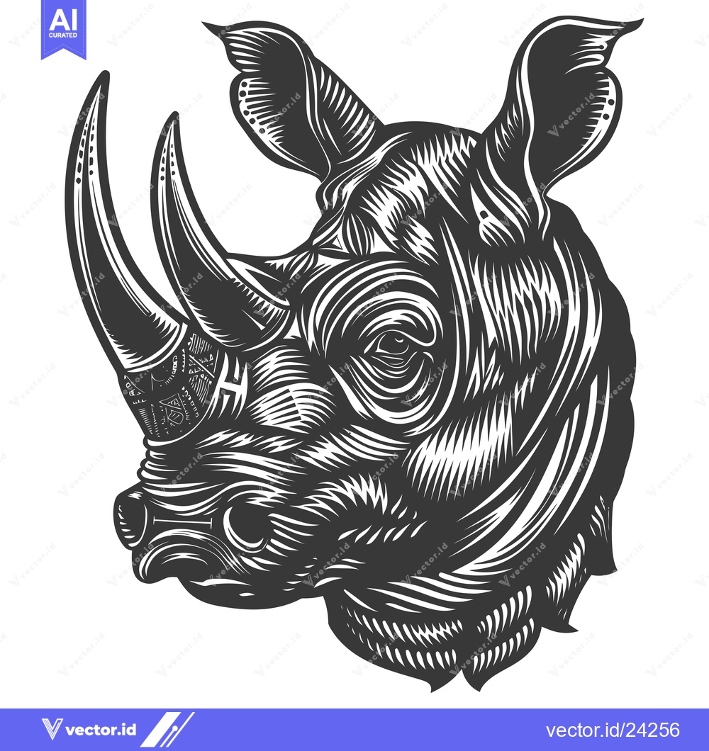 Premium Vector of Black and White Illustration of a Rhinoceros Head