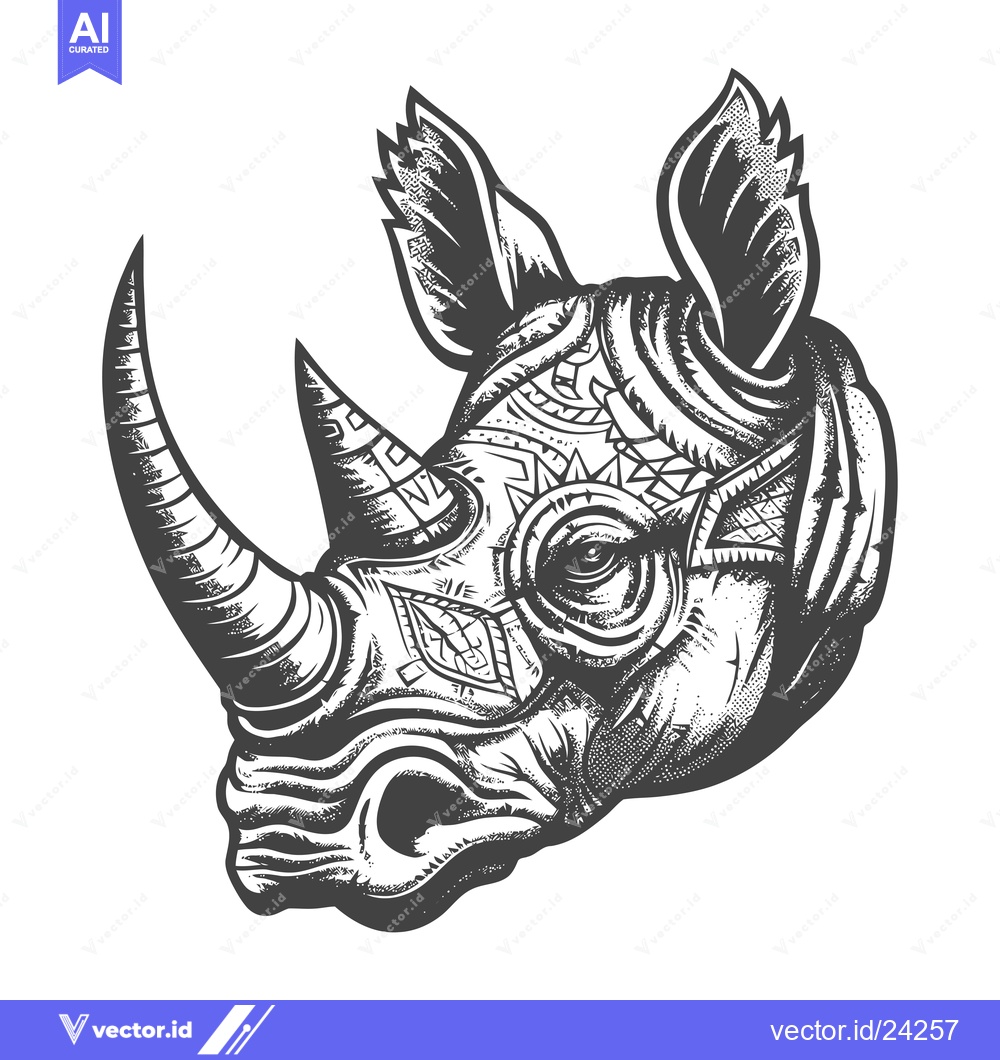 Premium Vector of Black and White Illustration of a Rhino Head with Intricate Patterns