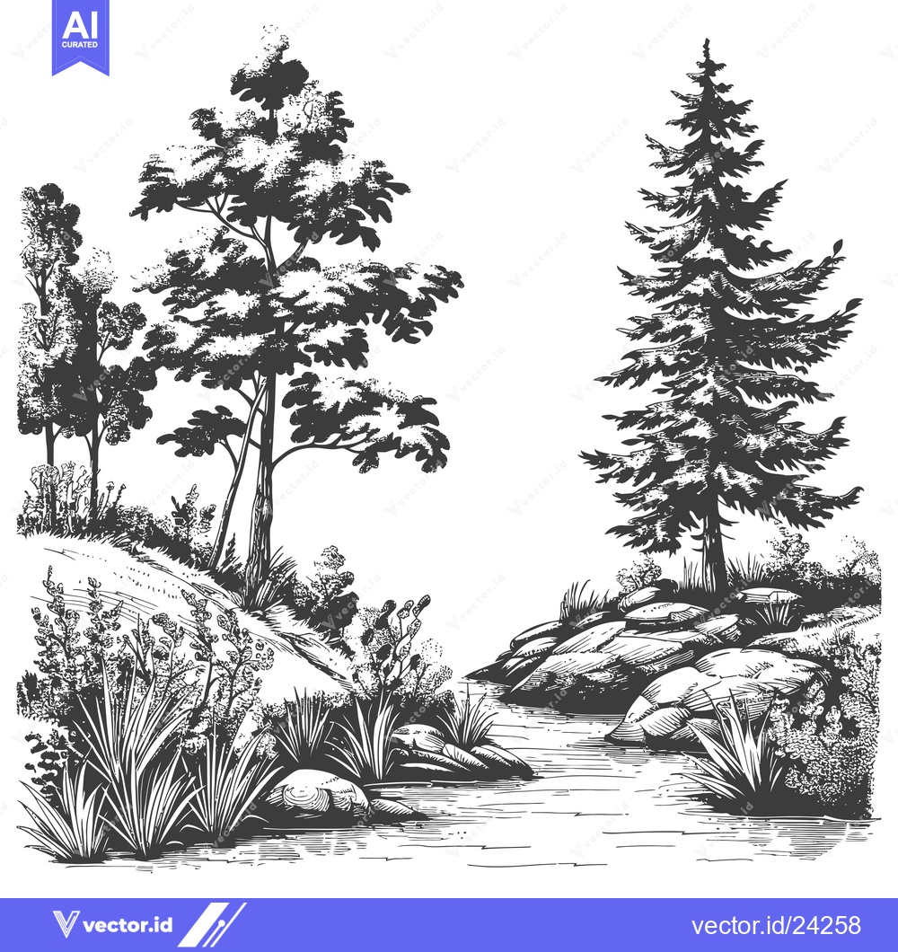 Premium Vector of Black and White Illustration of a River in a Forest