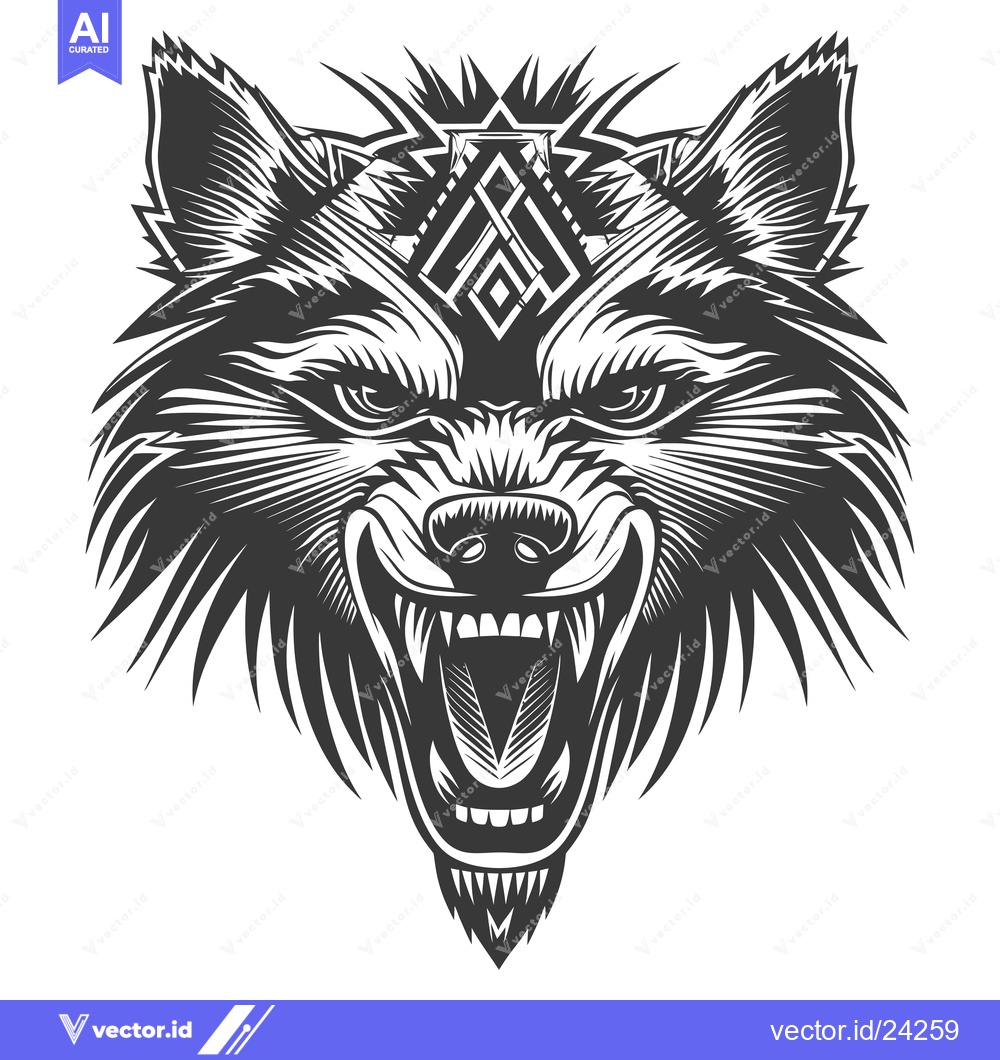 Premium Vector of Black and White Illustration of a Roaring Wolf with Geometric Pattern