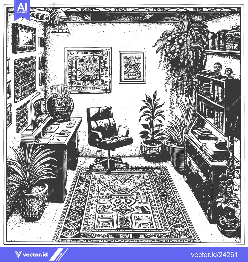 Premium Vector of Black and White Illustration of a Room with a Desk and an Office Chair
