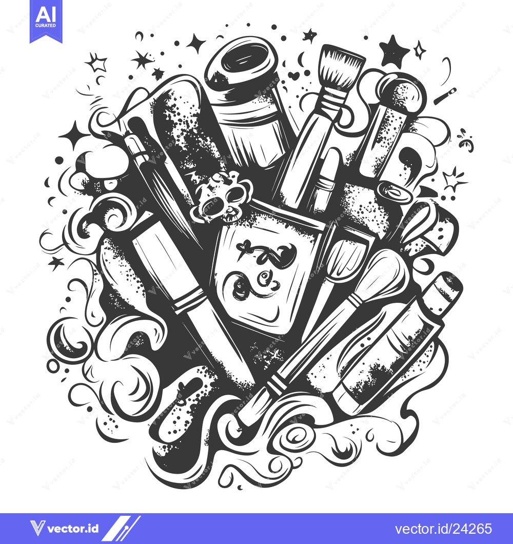 Premium Vector dari Black and White Illustration of Art Supplies with Swirls