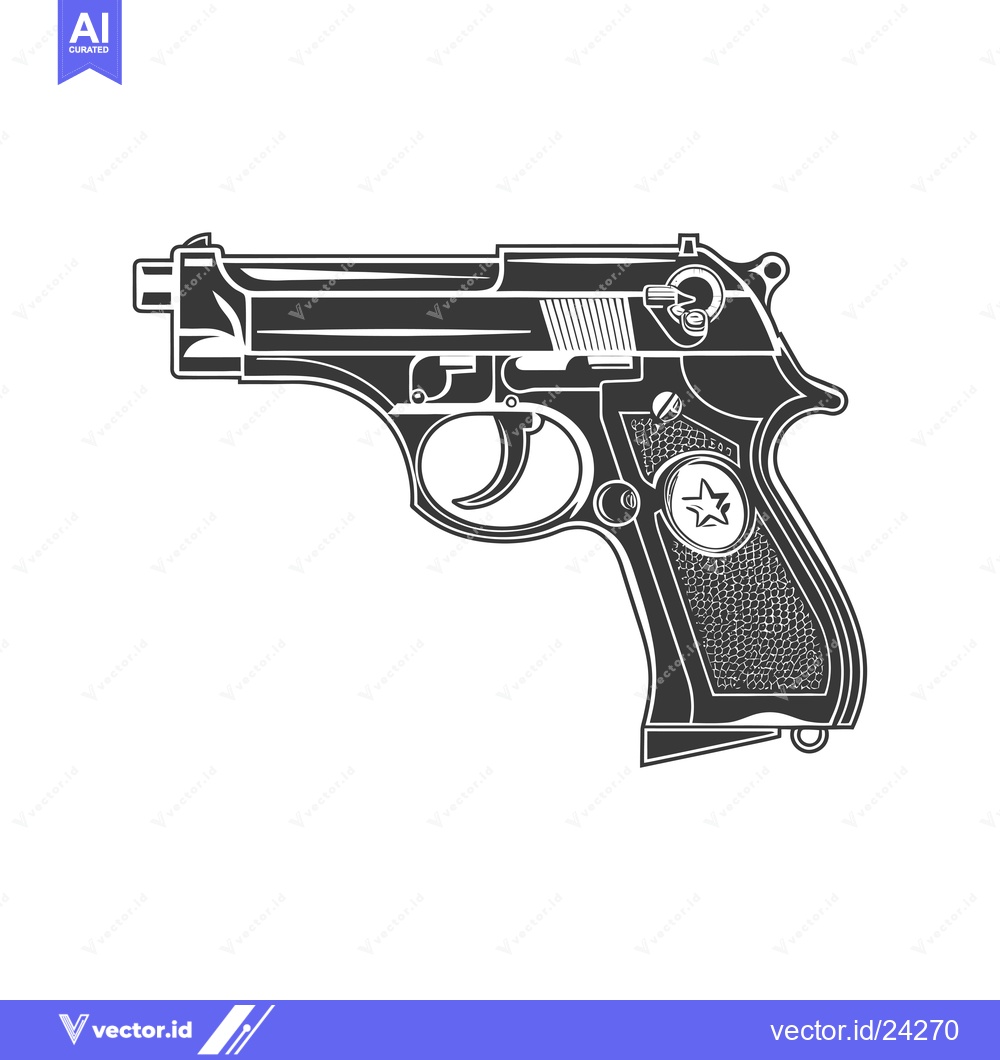 Premium Vector of Black and white illustration of a semi-automatic pistol with a star on
