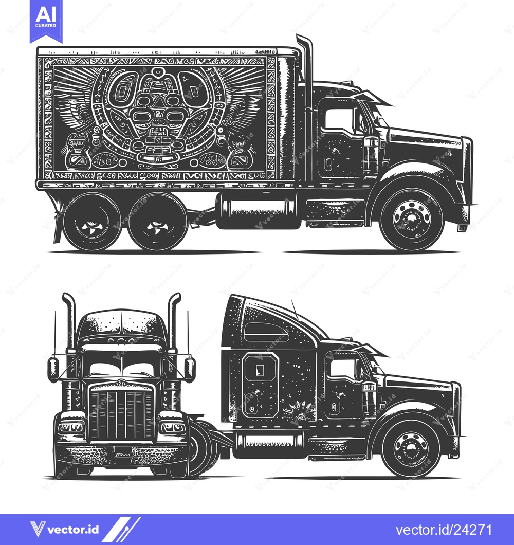 Premium Vector dari Black and White Illustration of a Semi-Truck with a Tribal Design on i