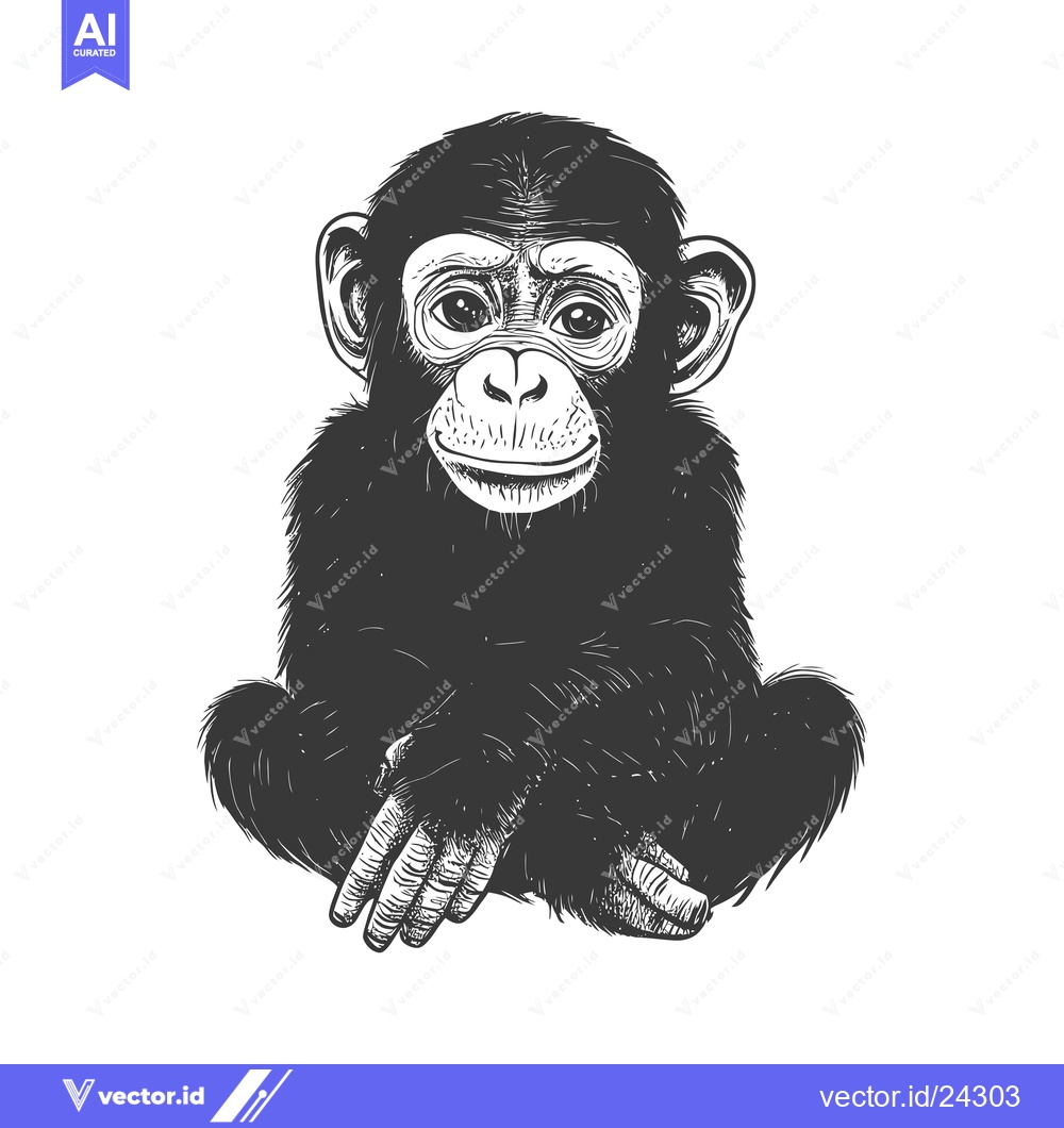 Premium Vector of Black and White Illustration of a Sitting Chimpanzee