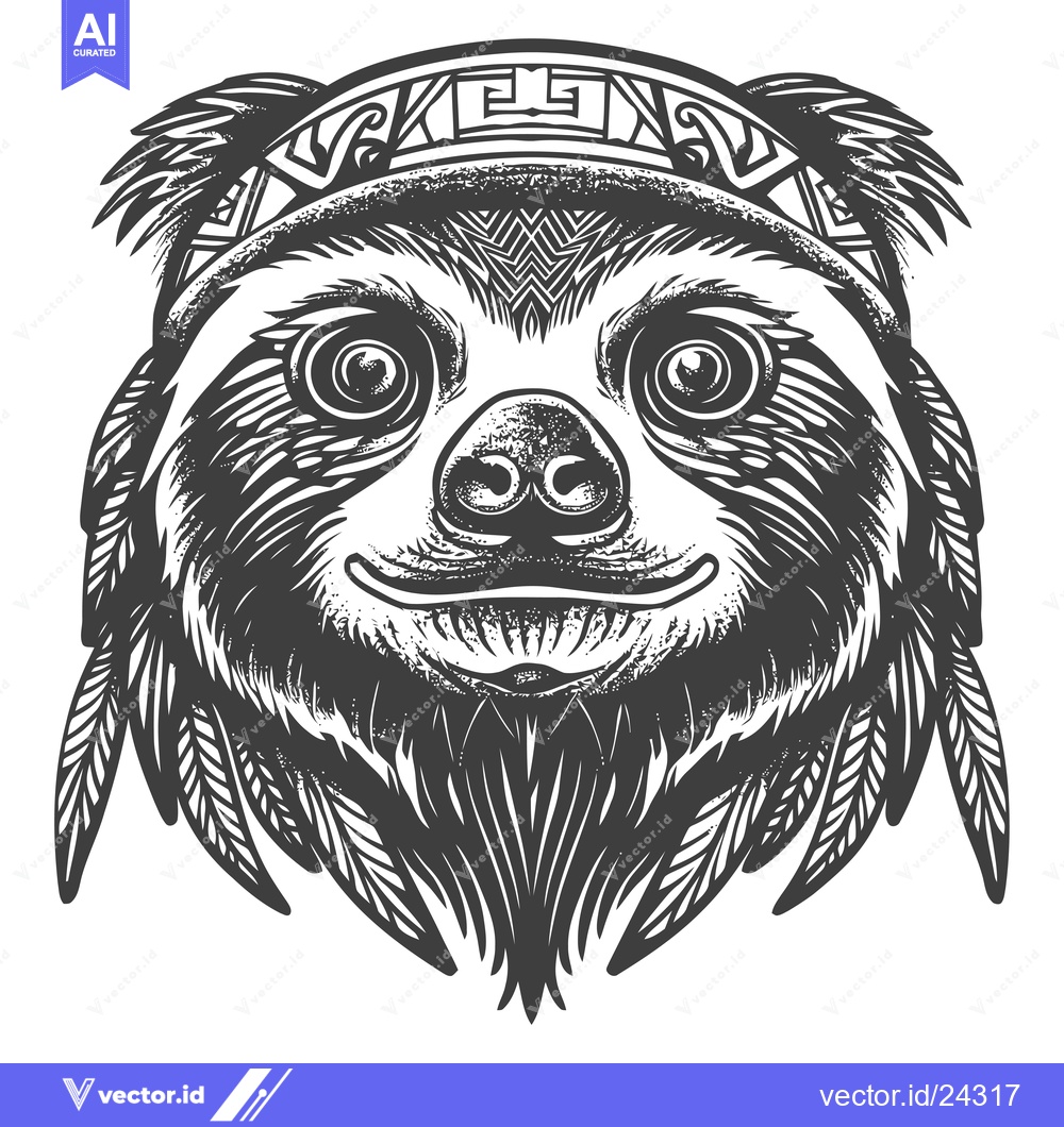 Premium Vector dari Black and White Illustration of a Sloth Wearing a Headband with Feathe