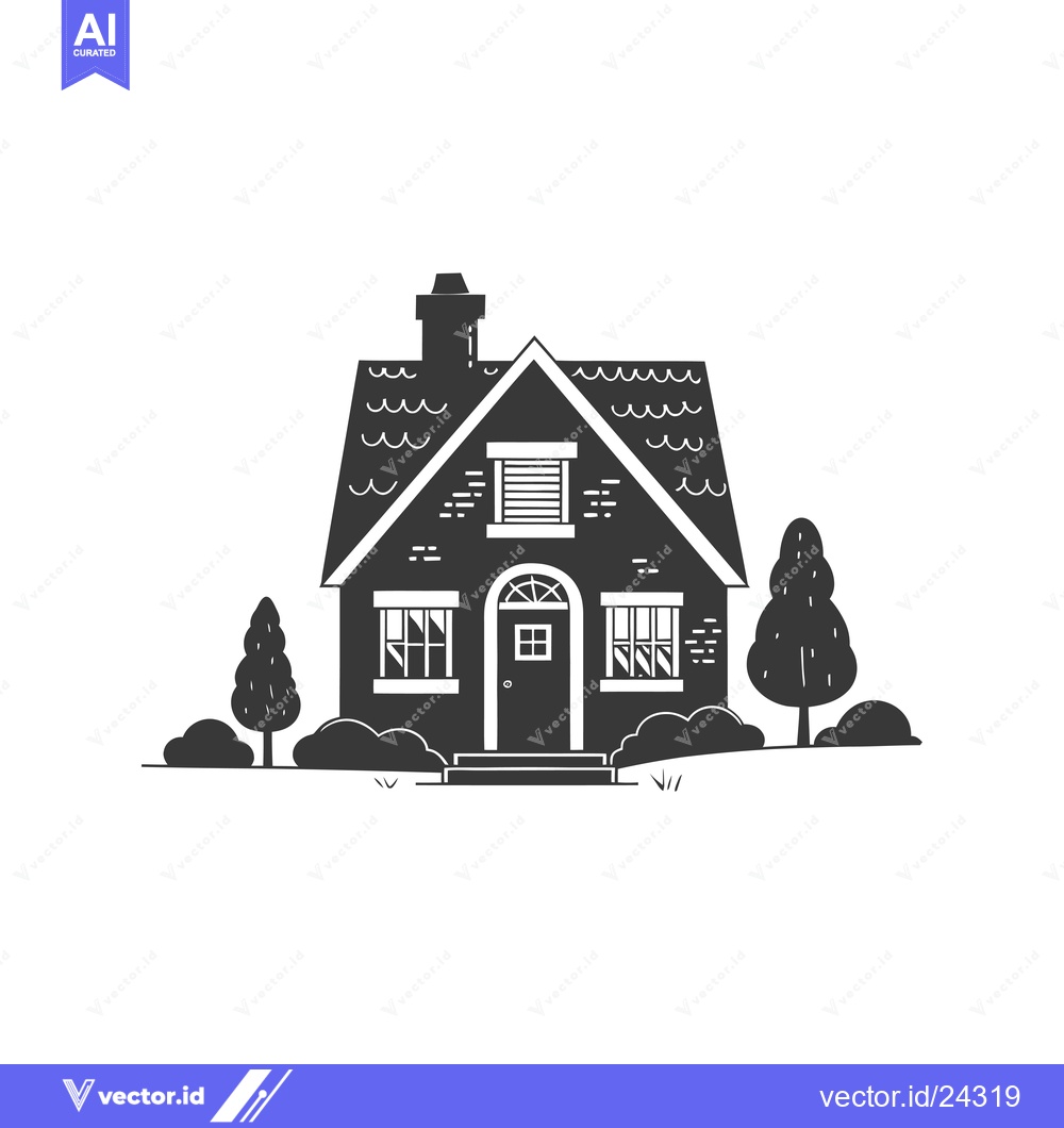 Premium Vector of Black and White Illustration of a Small Brick House with a Chimney