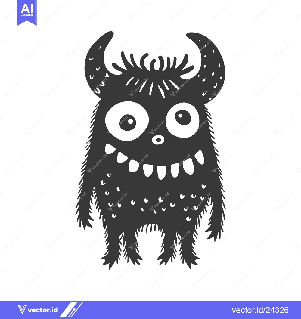 Premium Vector of Black and White Illustration of a Smiling Furry Monster with Horns