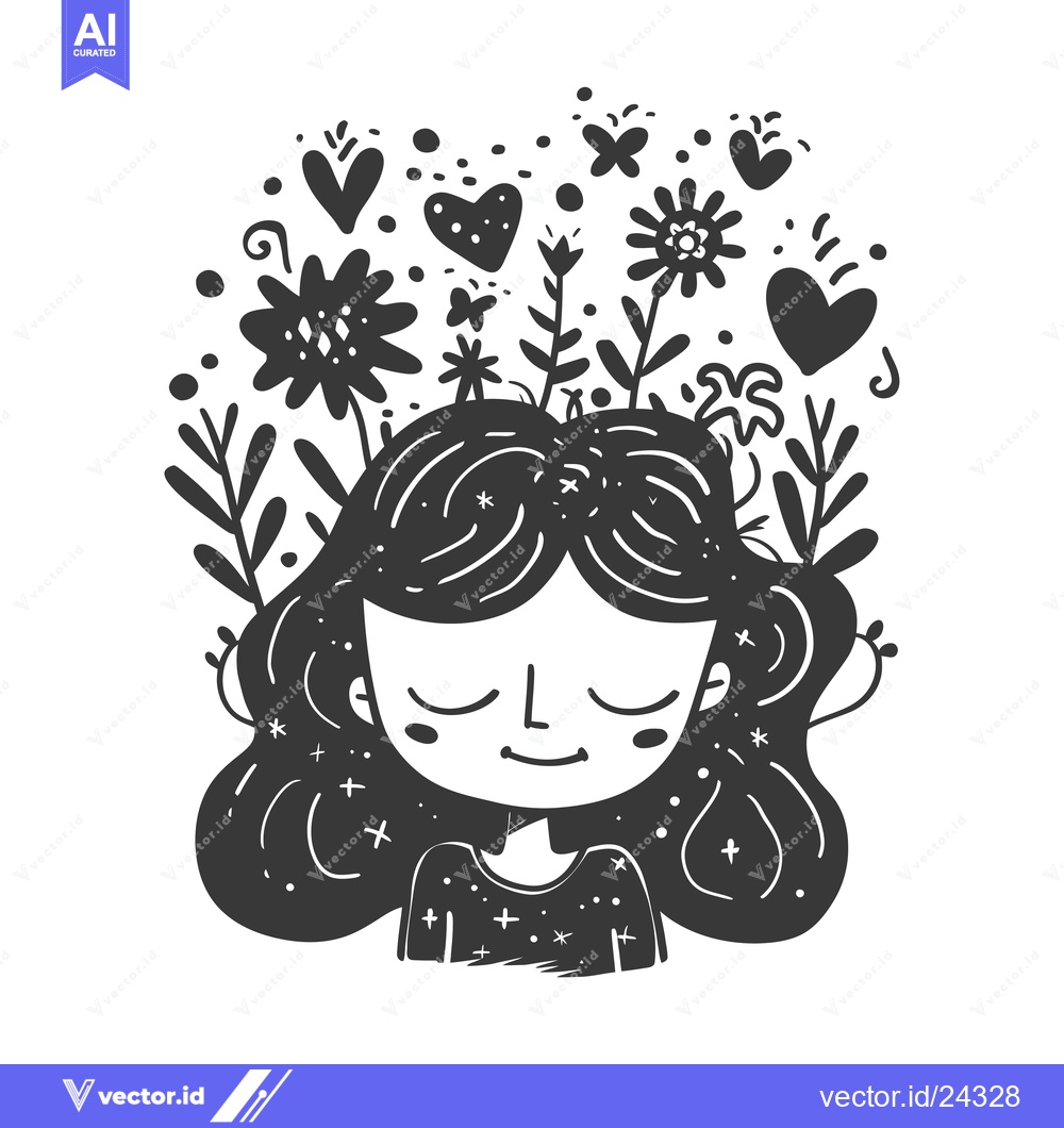Premium Vector of Black and White Illustration of a Smiling Girl with Flowers and Hearts