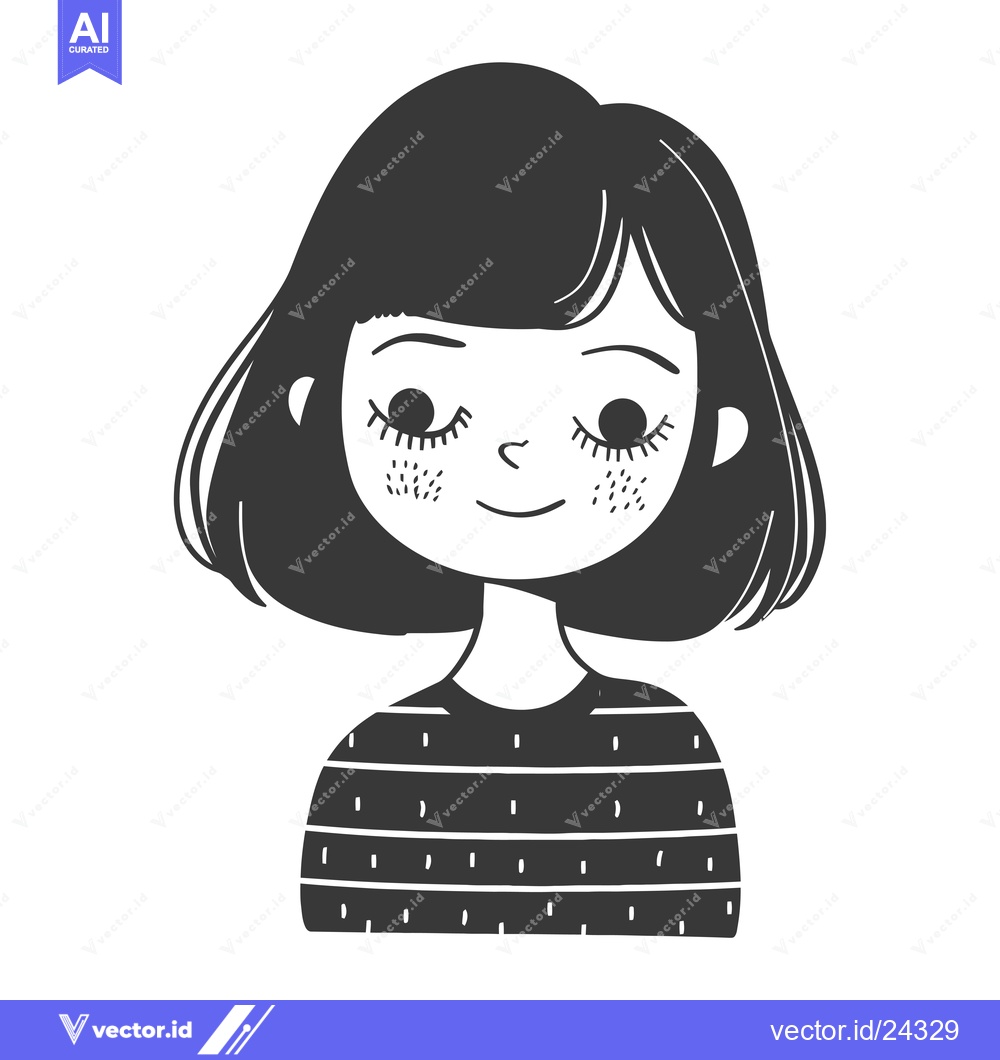 Premium Vector of Black and white illustration of a smiling girl with short hair