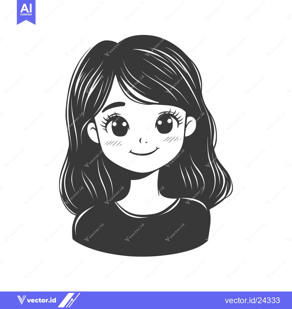 Premium Vector dari Black and White Illustration of a Smiling Young Woman with Long Wavy H