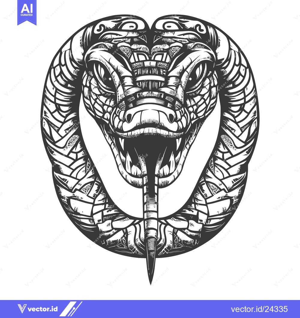 Premium Vector dari Black and White Illustration of a Snake Head with Fangs Out