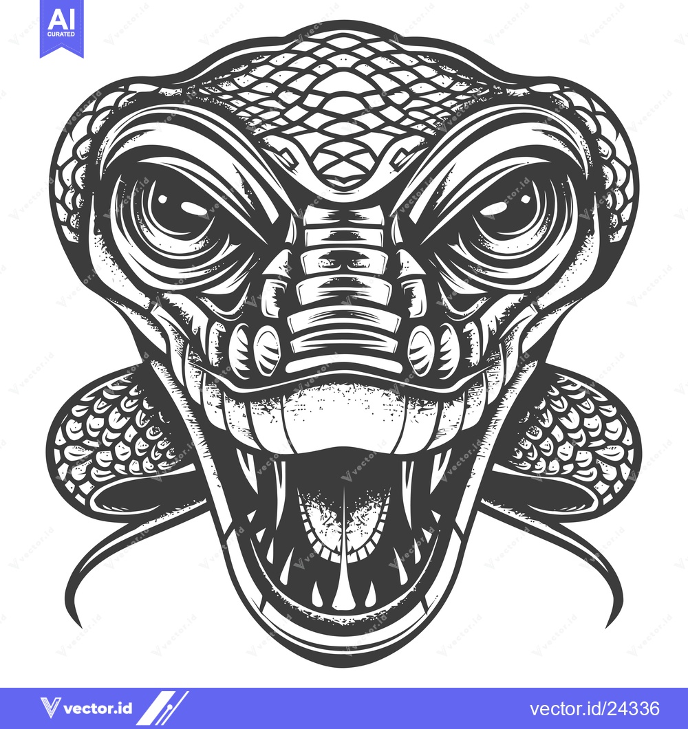 Premium Vector of Black and White Illustration of a Snake's Head with Fangs Out