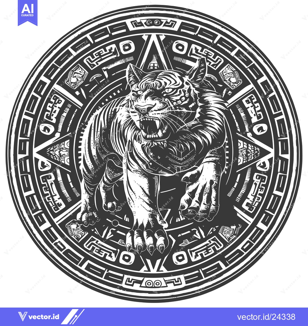Premium Vector dari Black and white illustration of a snarling tiger in a circular frame w