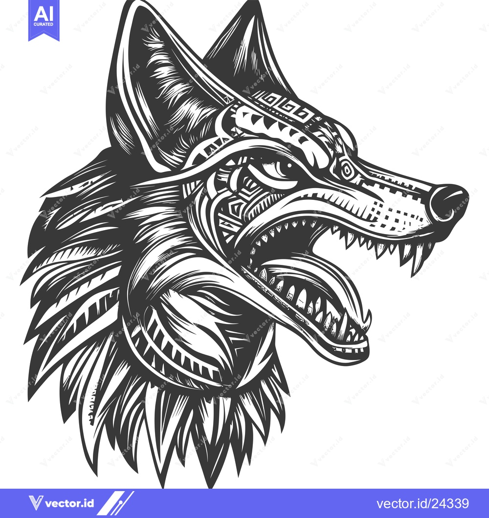 Premium Vector of Black and white illustration of a snarling wolf's head with intricate