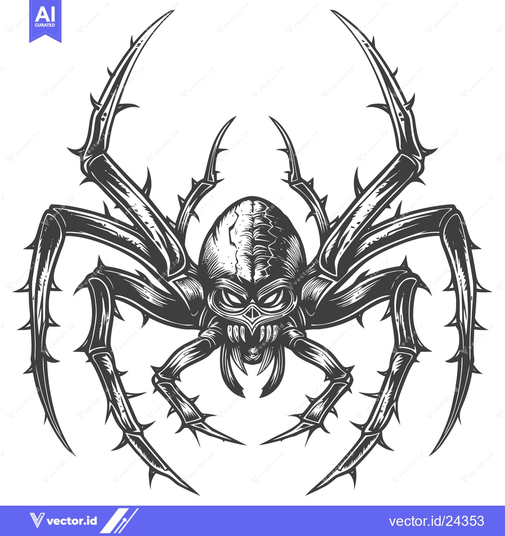 Premium Vector of Black and White Illustration of a Spiky, Fanged Spider