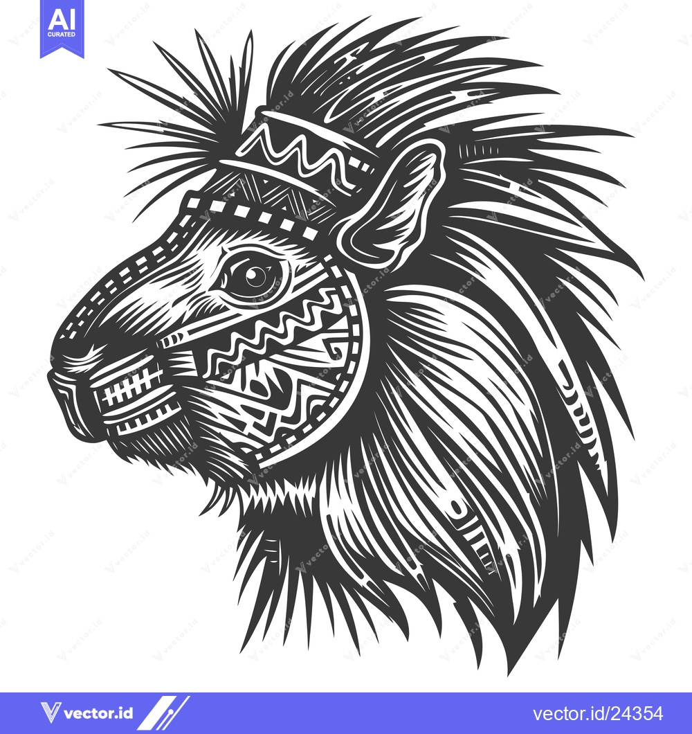 Premium Vector of Black and White Illustration of a Spiky-Haired Animal Wearing a Tribal