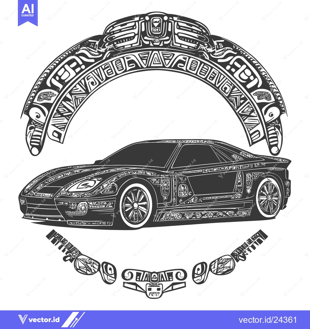 Premium Vector dari Black and White Illustration of a Sports Car with Aztec-Inspired Desig