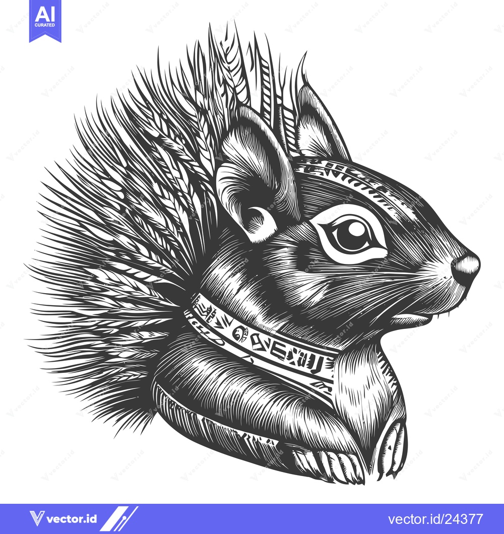 Premium Vector of Black and White Illustration of a Squirrel with Wheat