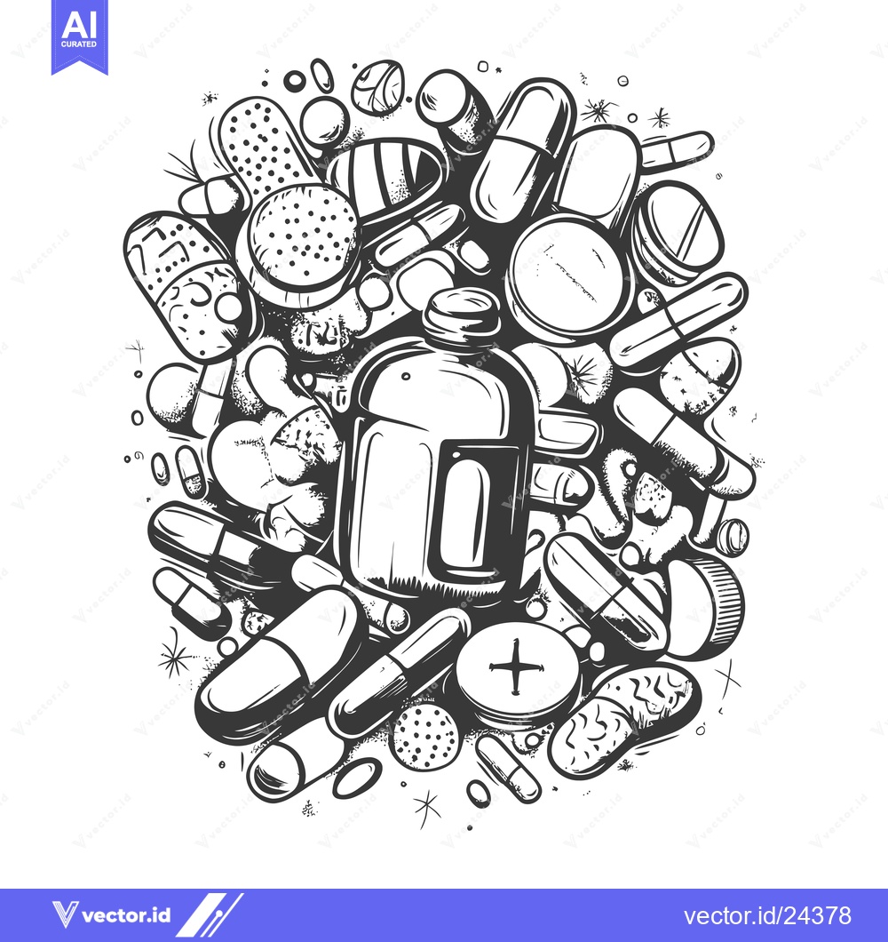 Premium Vector of Black and White Illustration of Assorted Pills and a Medicine Bottle