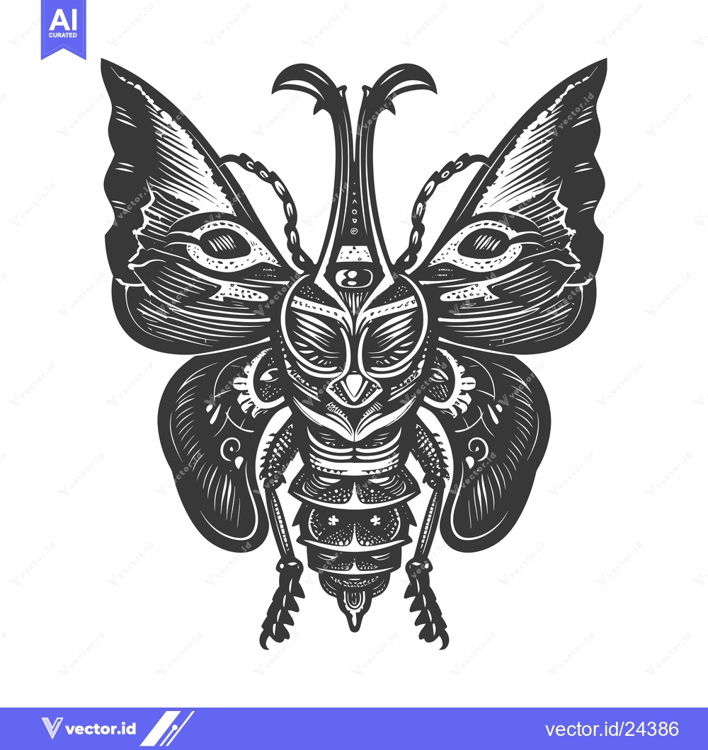 Premium Vector dari Black and White Illustration of a Steampunk Butterfly with a Third Eye