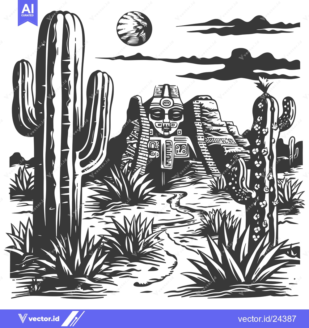 Premium Vector dari Black and White Illustration of a Stone Face in a Desert Landscape wit