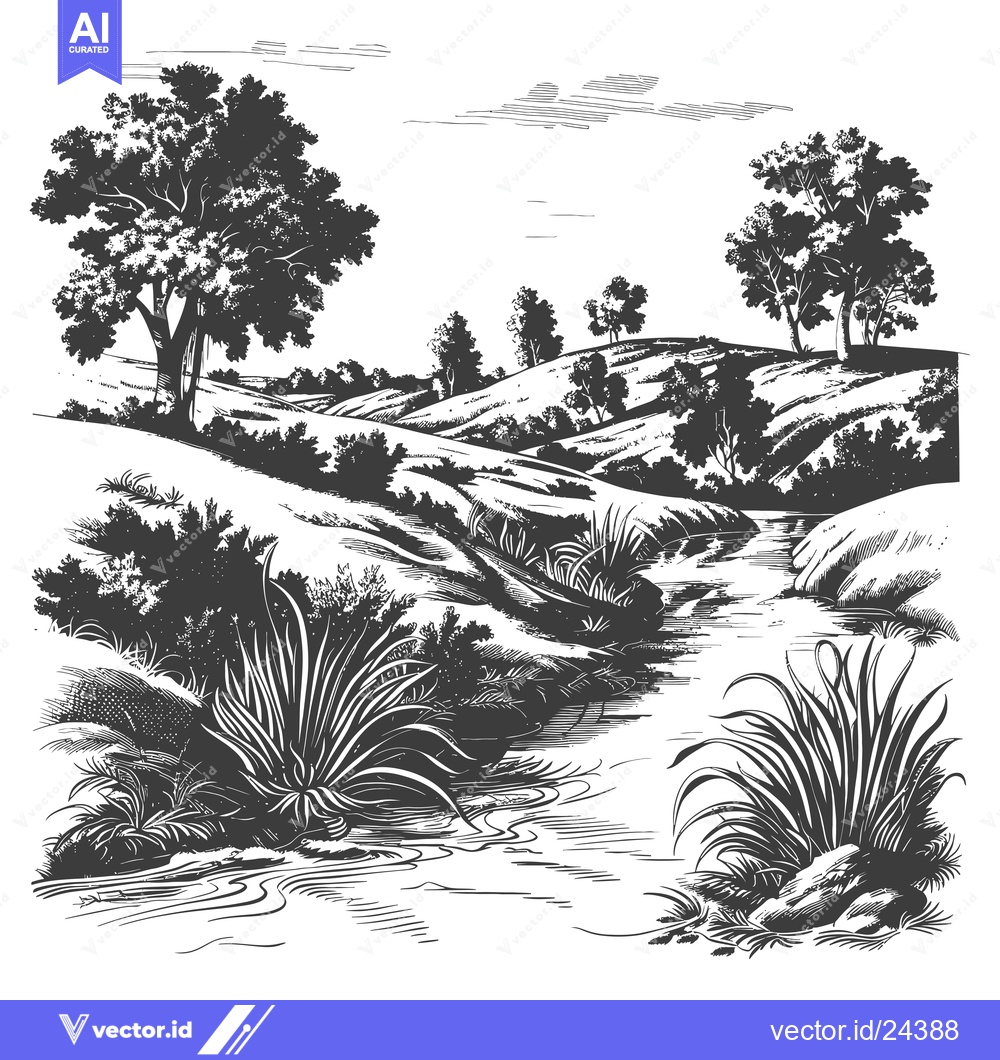 Premium Vector dari Black and White Illustration of a Stream Through a Wooded Landscape