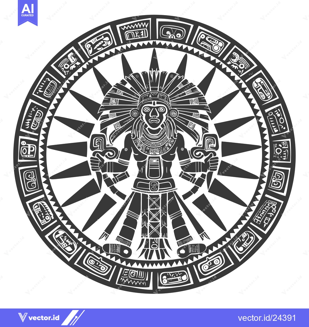 Premium Vector of Black and white illustration of a stylized Aztec deity within a circul