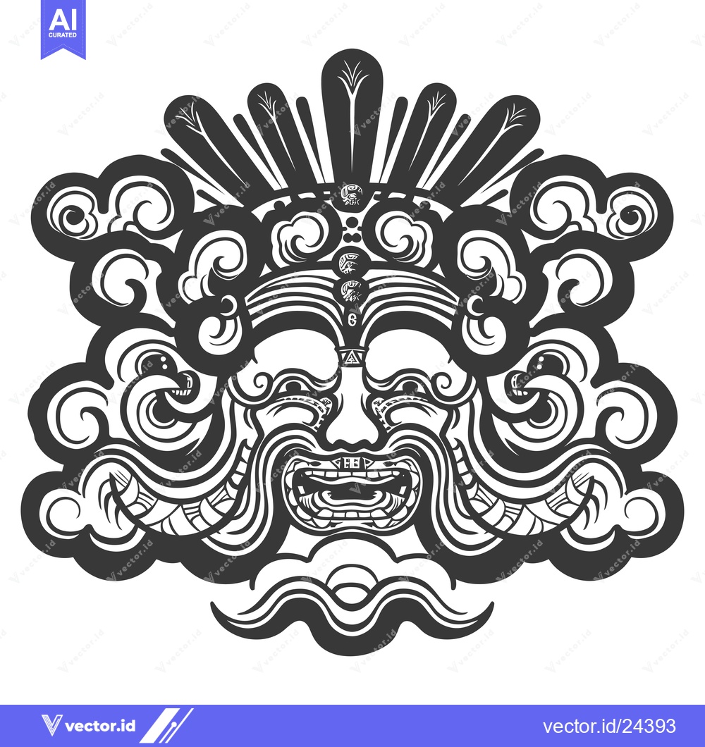Premium Vector dari Black and White Illustration of a Stylized Deity Face Surrounded by Cl