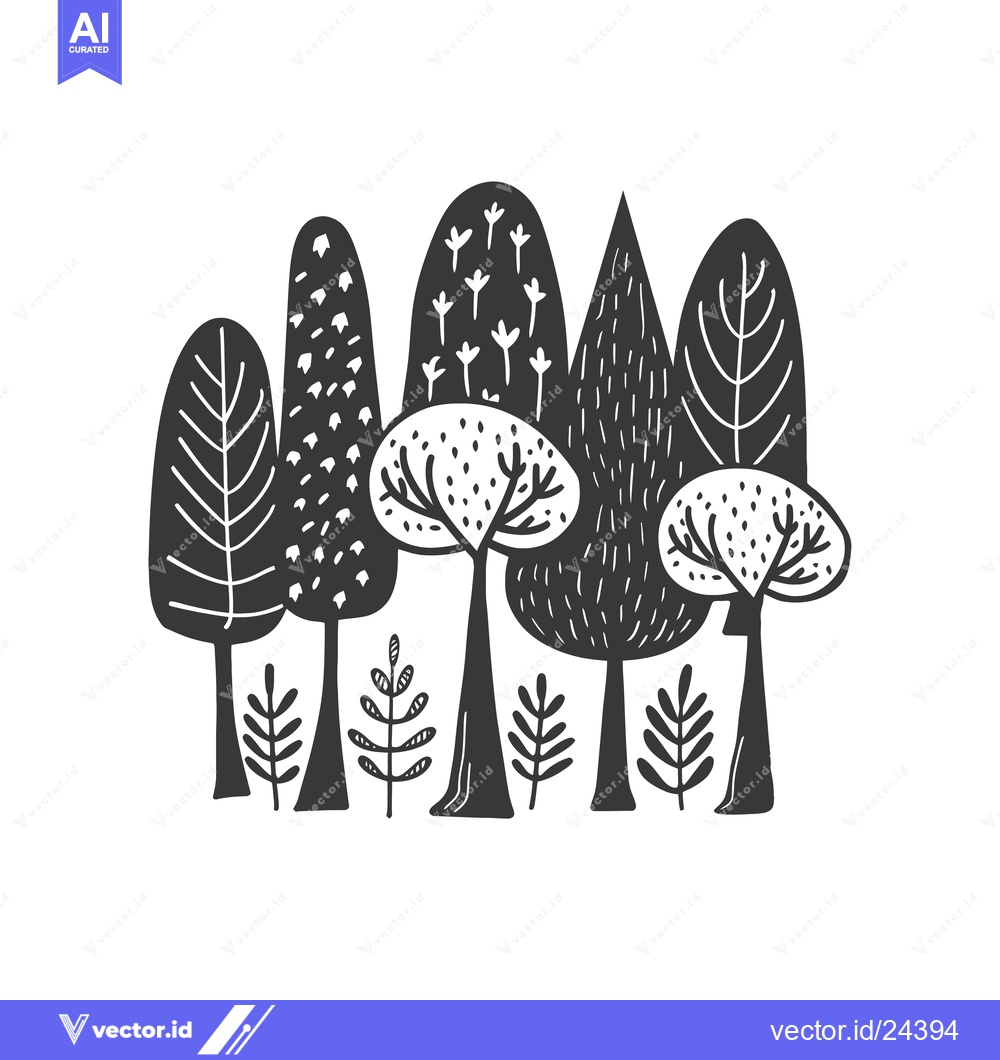 Premium Vector dari Black and White Illustration of a Stylized Forest with Five Trees