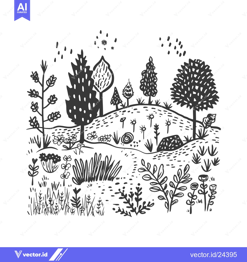 Premium Vector of Black and White Illustration of a Stylized Forest with Hill and Flower
