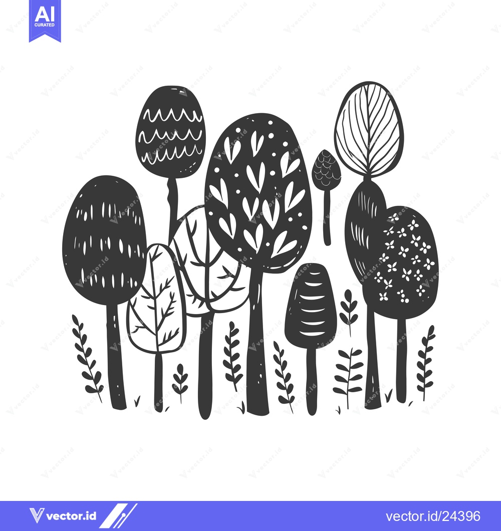 Premium Vector dari Black and White Illustration of a Stylized Forest with Seven Trees
